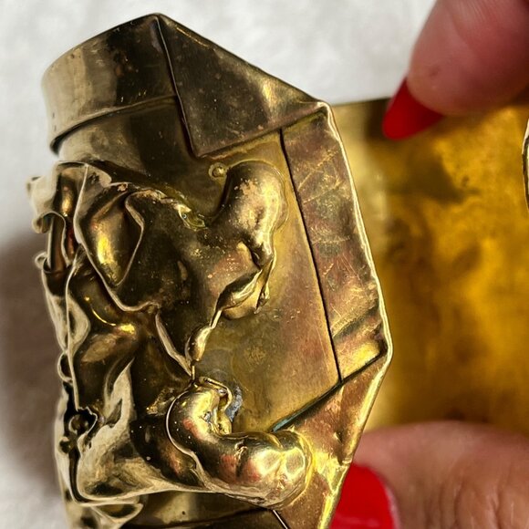 1960s Artisanal Brutalist Brass 3d Layered Cuff Bracelet Raw Amethyst  Dutras - Picture 5 of 7